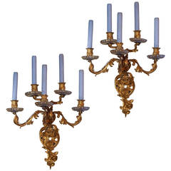 Pair of Antiques French Five-Arm Gilt Bronze and Crystal Wall Light Sconces 2