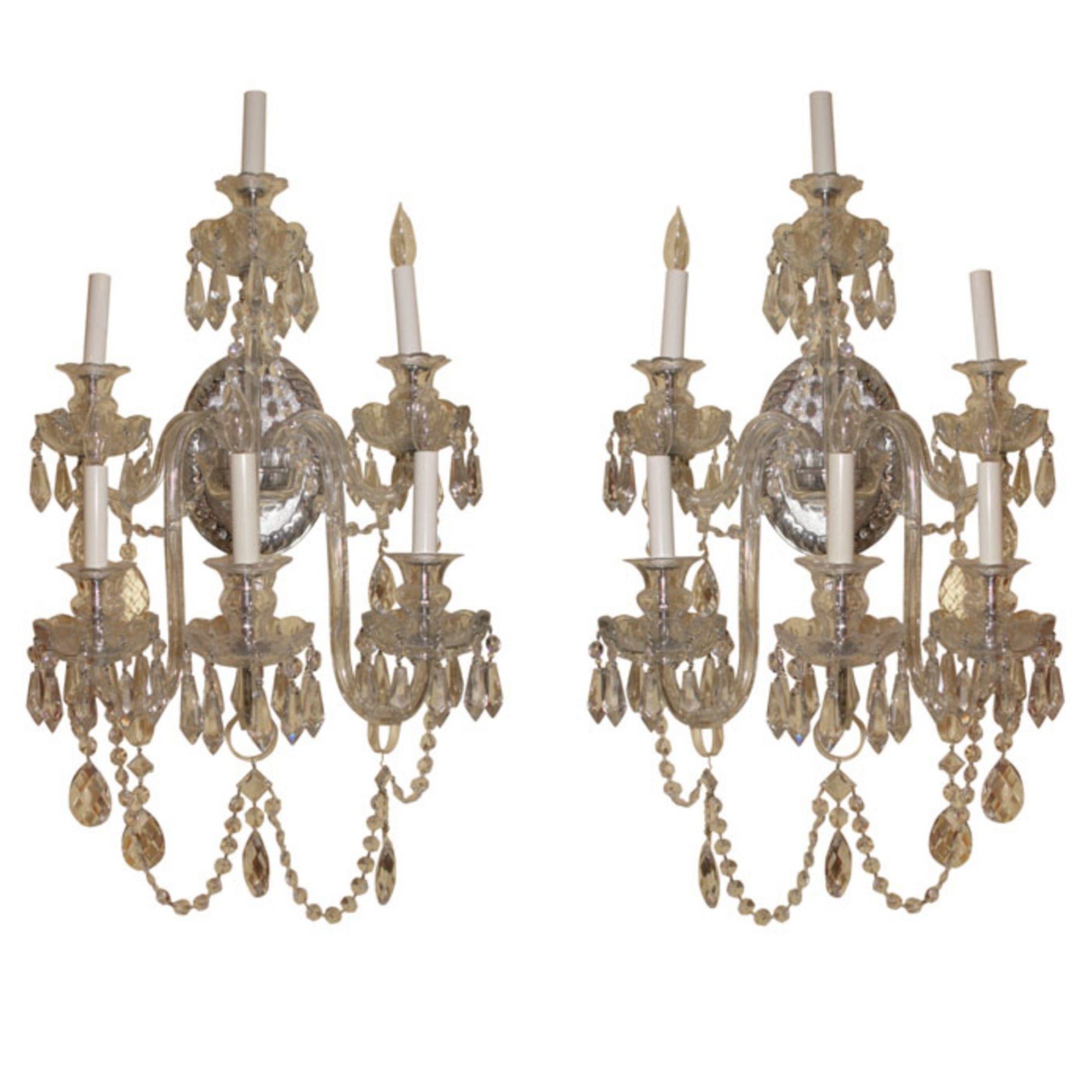 Pair of Cut Glass English Style Two-Tier Six-Arm Wall Light Sconces