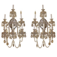 Pair Vintage English Victorian Style Cut Glass 6-Light Sconces / Wall Lights