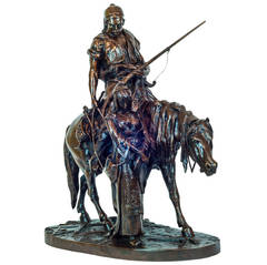 Fine Orientalist Bronze Group of Warrior on Horse with Lady Standing
