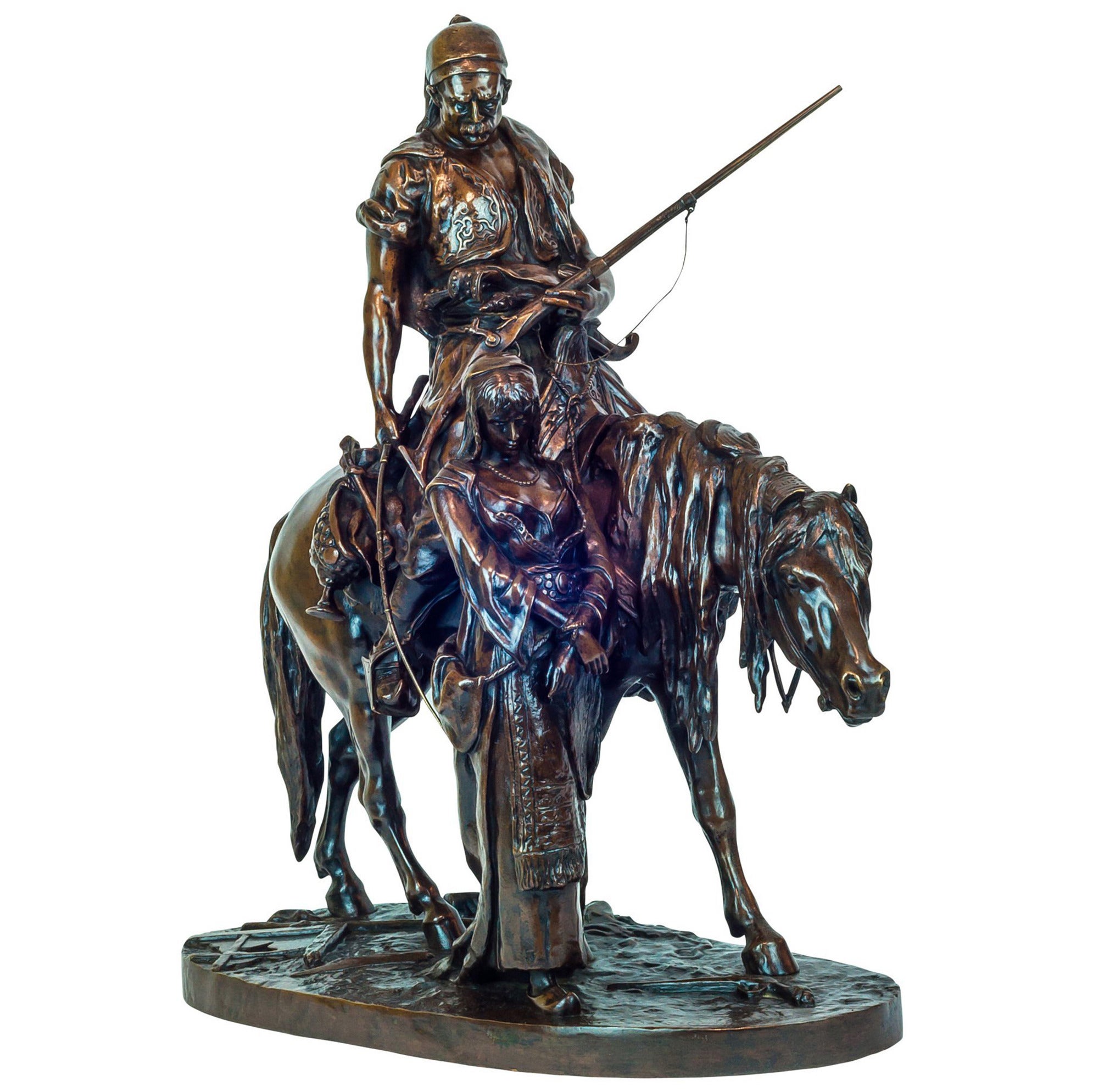 Fine Orientalist Bronze Group of Warrior on Horse with Lady Standing