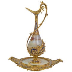Antique Gilt Bronze and Onyx and Champleve Enamel Pitcher and Basin