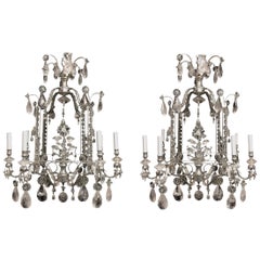 Pair of Rock Crystal and Gilt Metal Silvered Cage Form Eight-Light Chandeliers