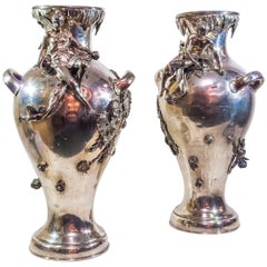 Pair of Silver Plated Art Nouveau Figural Flower Vases