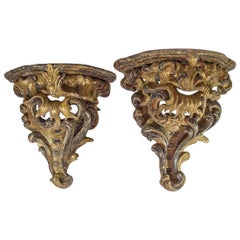 Antique Pair of Carved Venetian Painted Wall Brackets