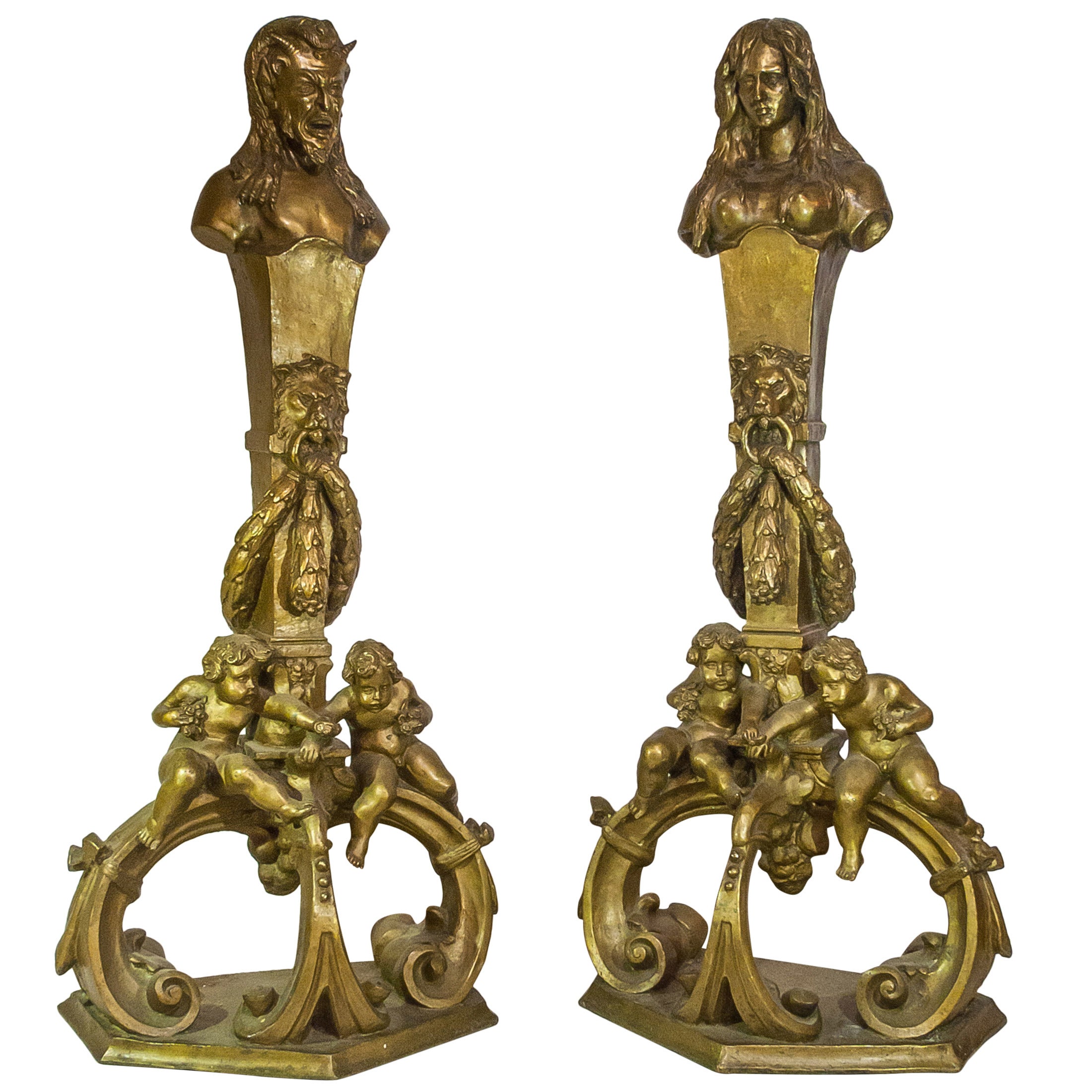 Pair of Bronze Figural Art Nouveau Fireplace Chenet Andirons