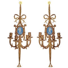 Pair of Louis XVI Style Gilt Bronze Sconces with Jasper Neoclassical Plaques