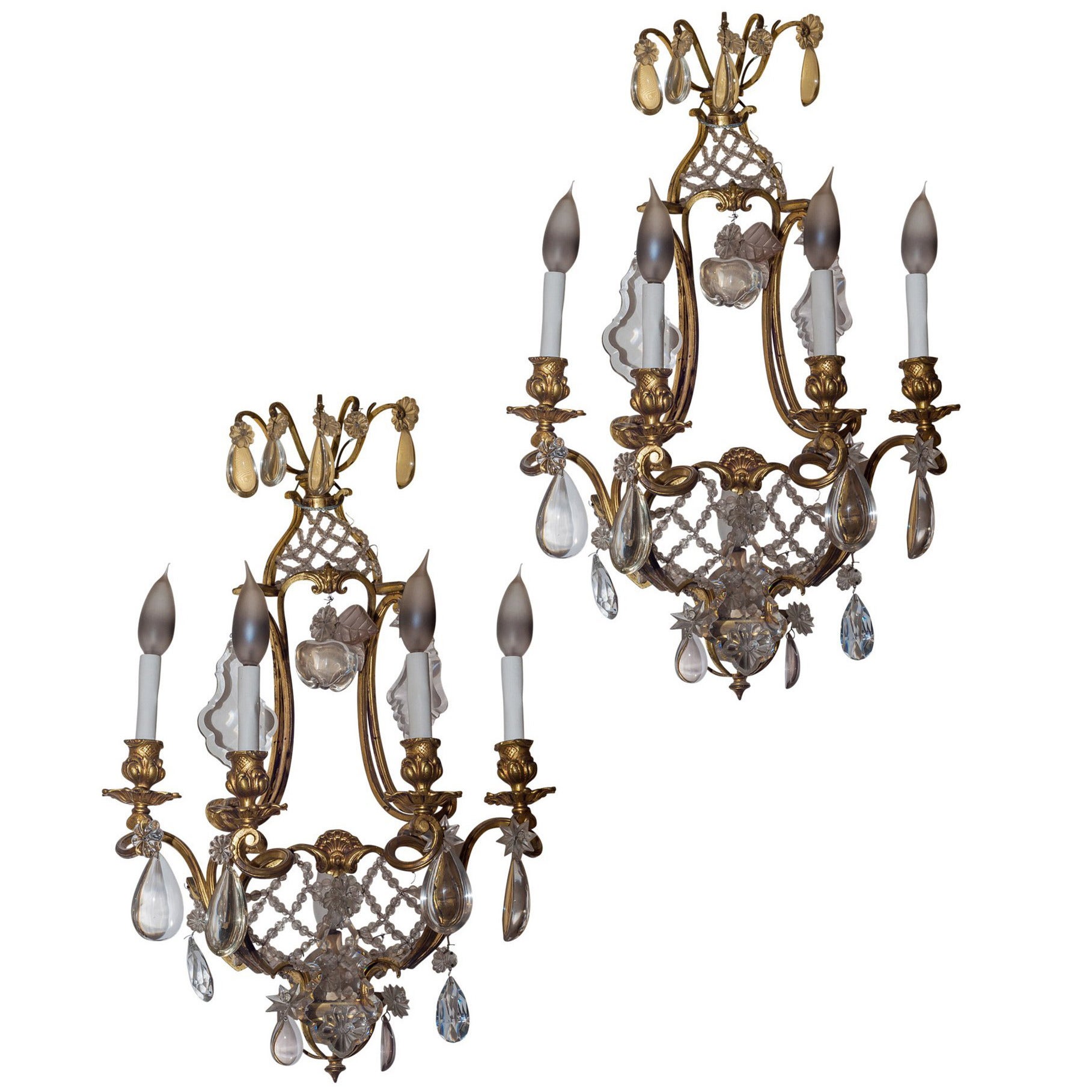 Pair of Bronze and Crystal Four-Arm Basket Form Wall Light Sconces