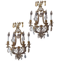 Pair of Bronze and Crystal Four-Arm Basket Form Wall Light Sconces