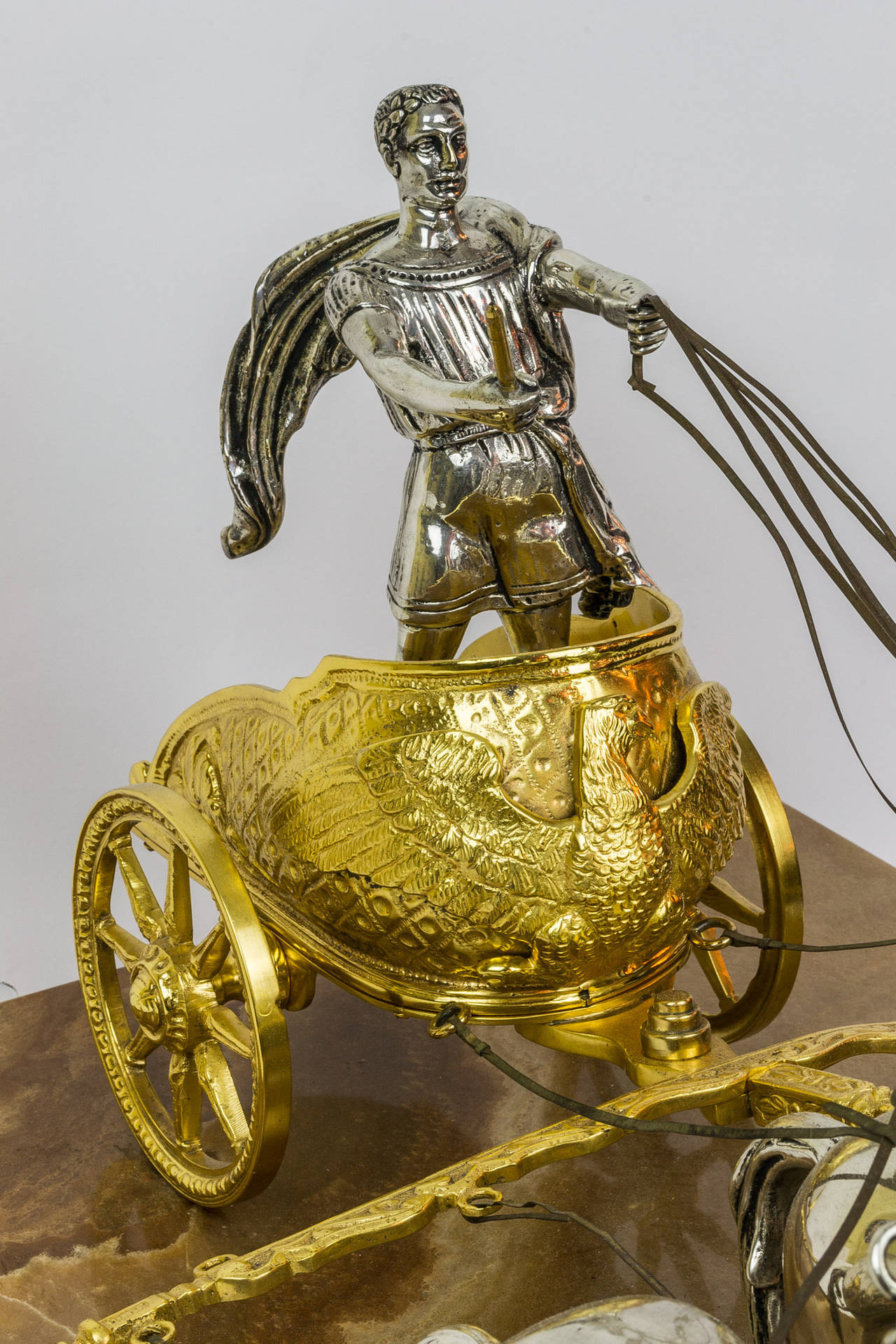 French Gilt and Silvered Bronze Roman Warrior Riding His Chariot on Onyx Base