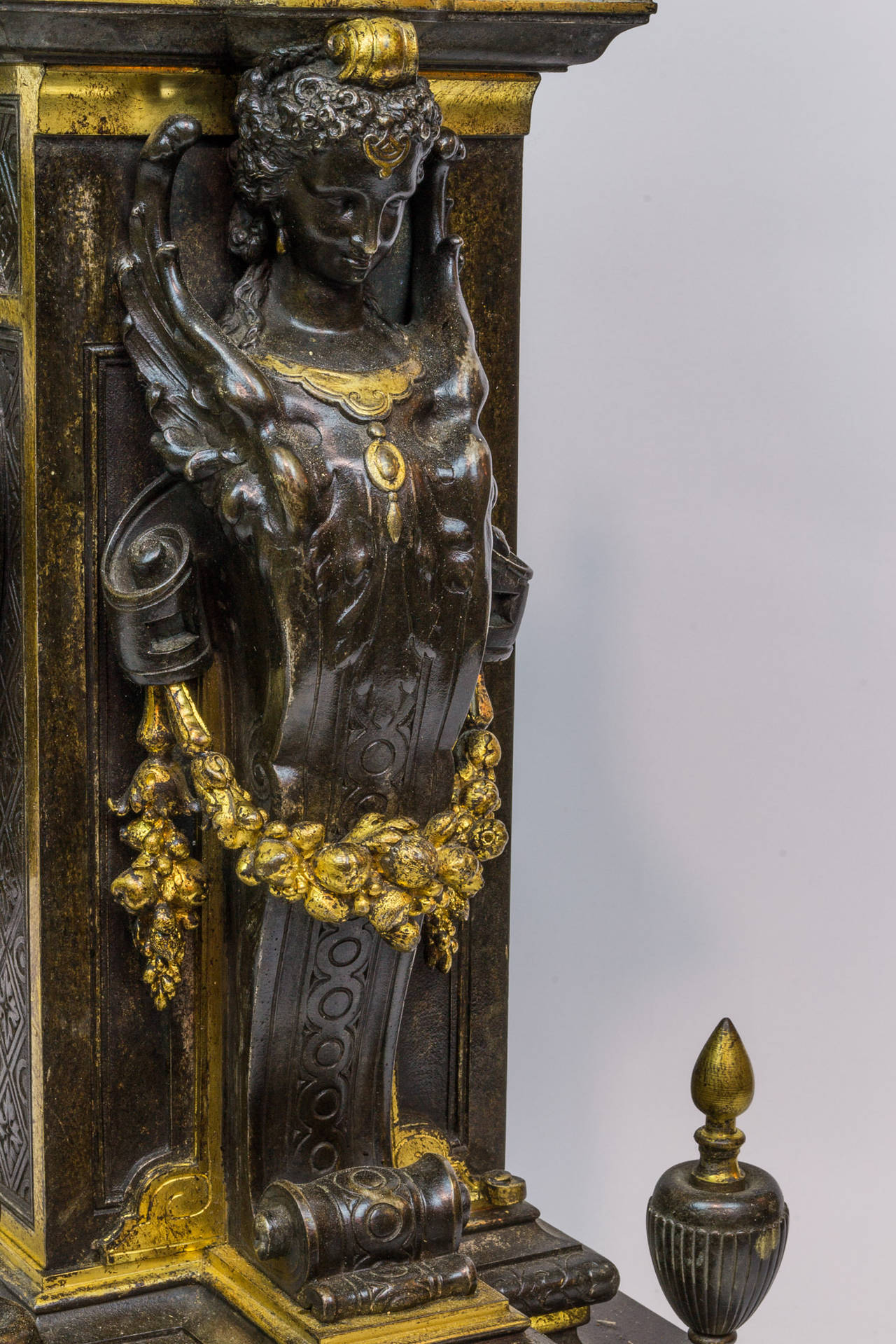 19th Century Gilt and Patinated Bronze Figural Renaissance Style Mantel Clock