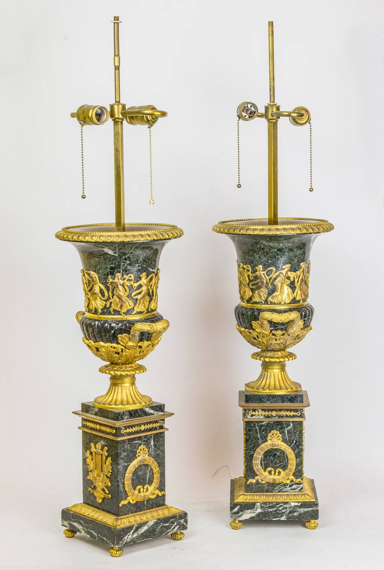 Important Pair of Neoclassical Empire Style Marble and Bronze Table Lamps