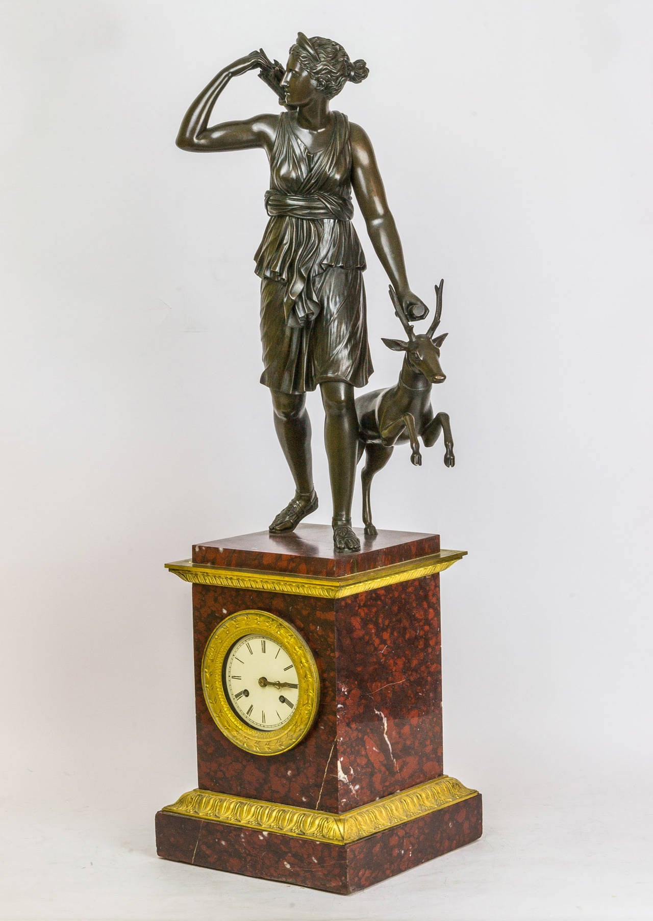 Patinated and Gilt Bronze Figural Mantel Clock with Diana the Huntress