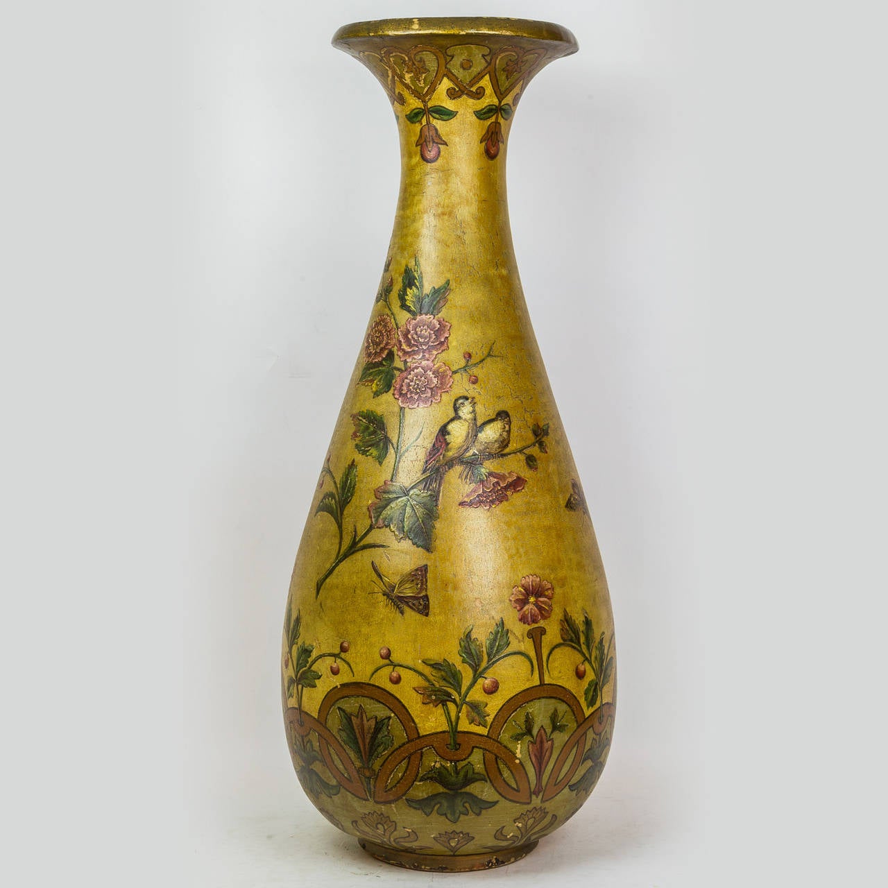 Large Pair of Pottery Porcelain Vases on Pedestals with Bird and Floral Work For Sale at 1stDibs