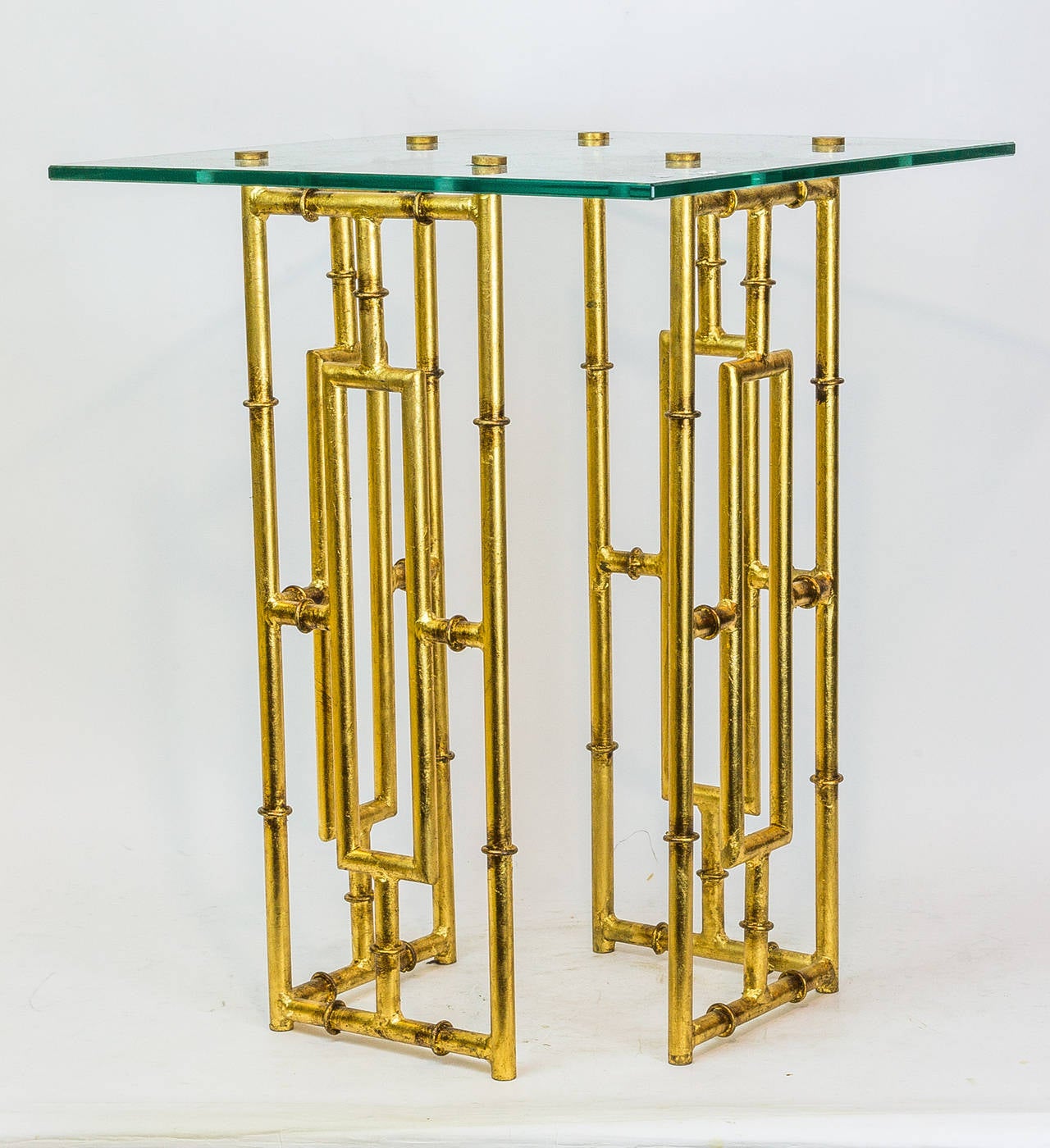 Beautiful Pair of Gilded Wrought Iron Bamboo Form Glass-Top Side Tables