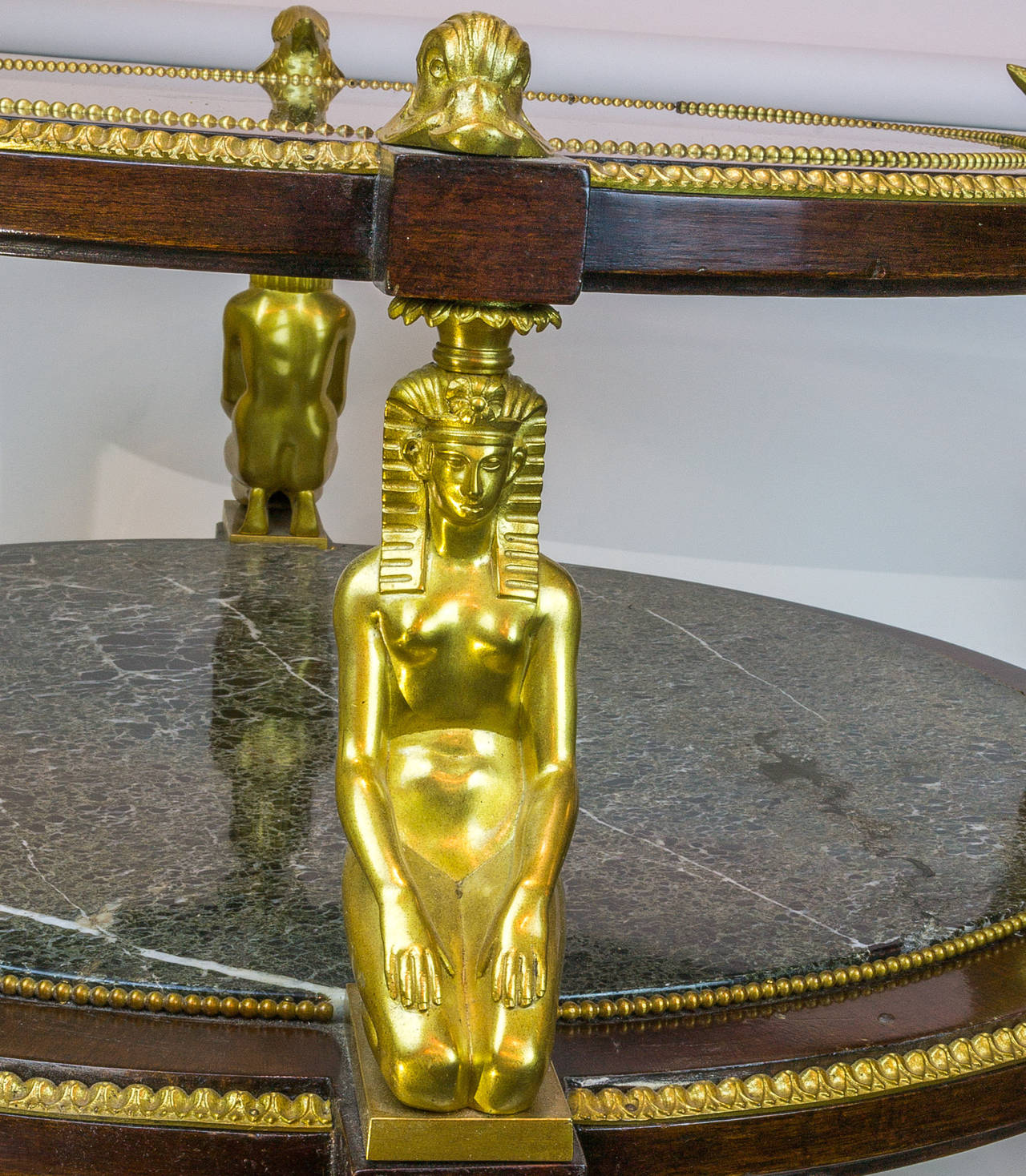 Egyptian Revival Gilt Bronze Figural Two-Tier Marble and Glass Table 1