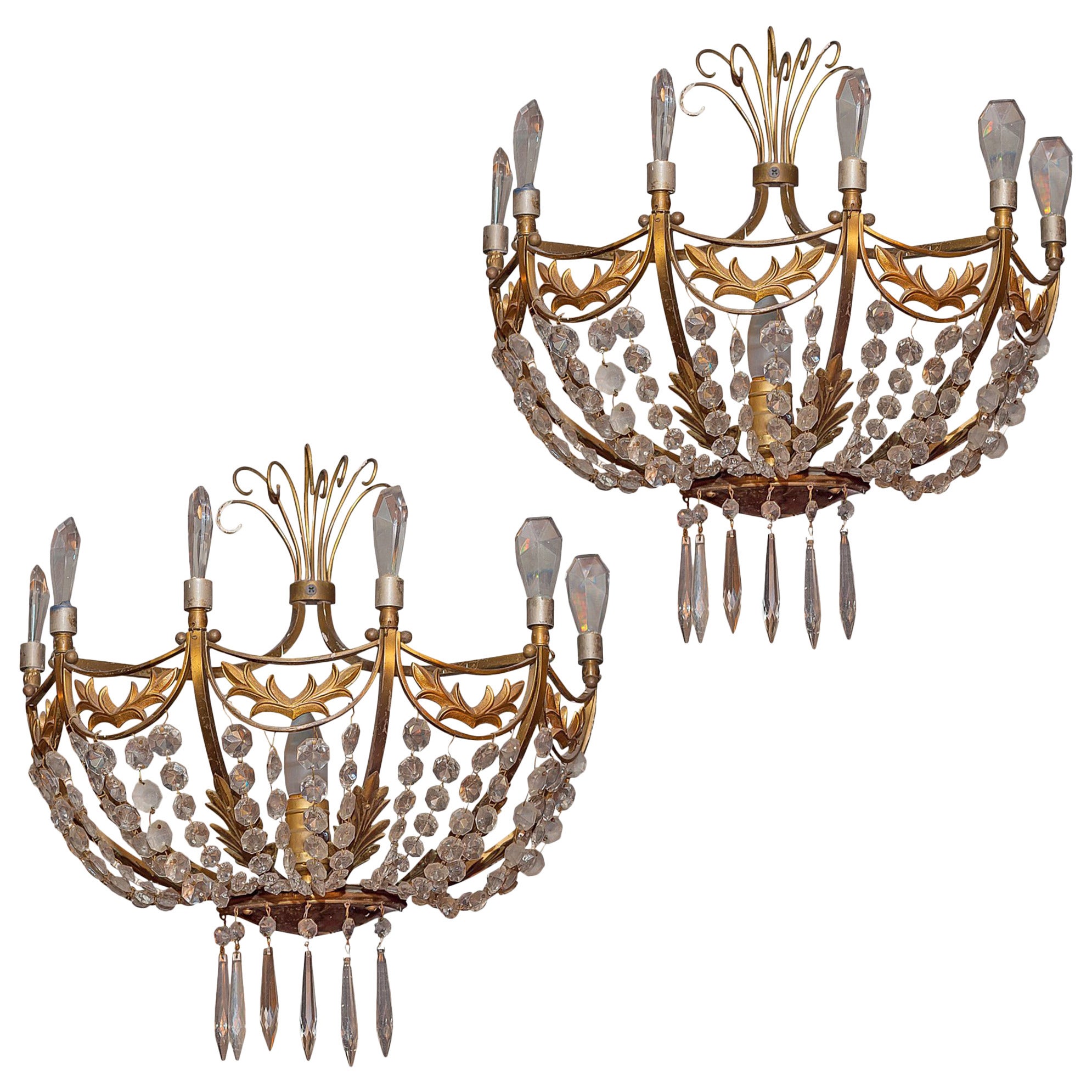 Pair Antique Gilt Bronze and Crystal Baltic Style Wall Lights / Sconces