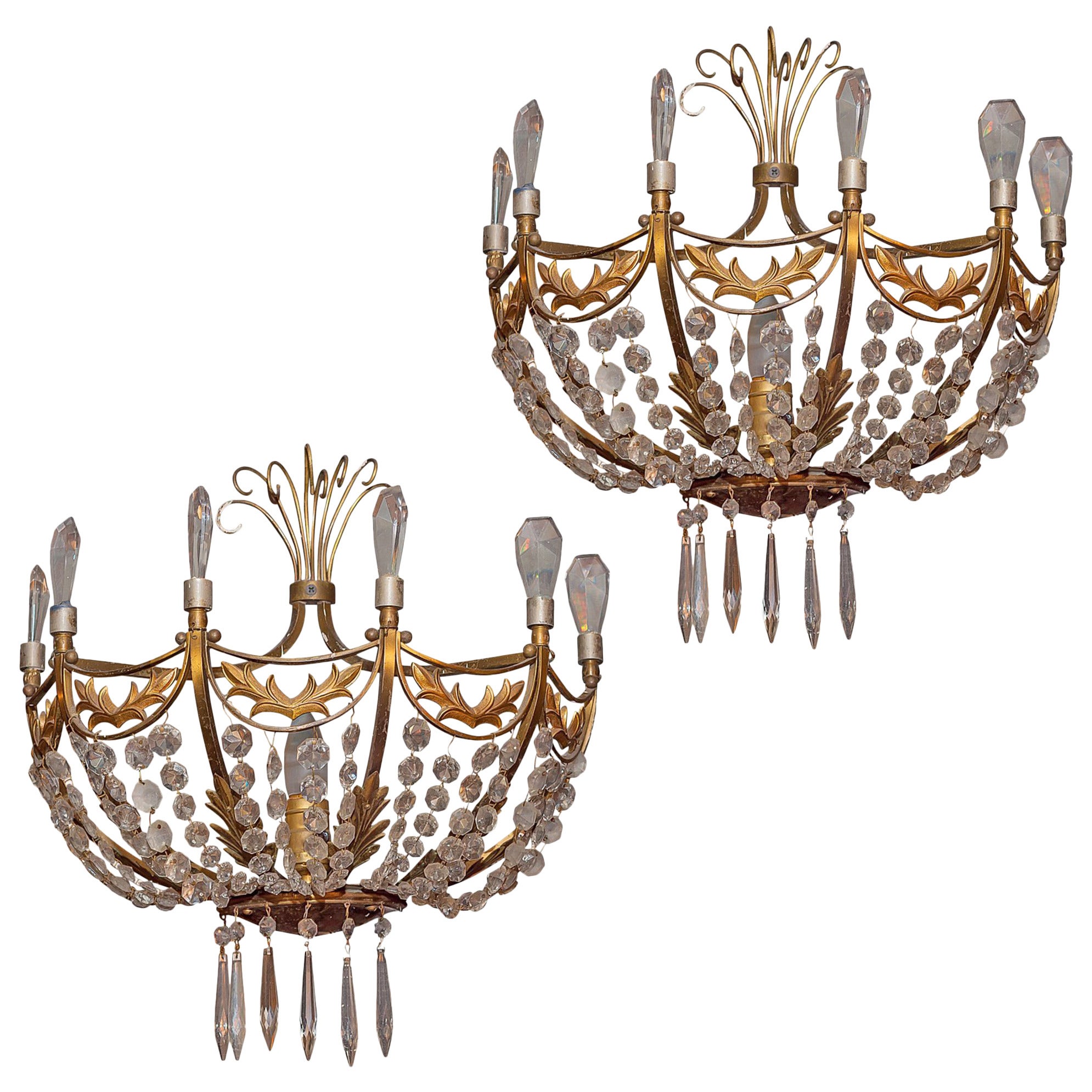 Pair of Gilt Bronze and Crystal Baltic Style Wall Light Sconces For Sale