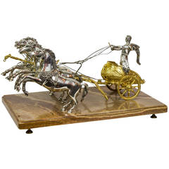 Gilt and Silvered Bronze Roman Warrior Riding His Chariot on Onyx Base