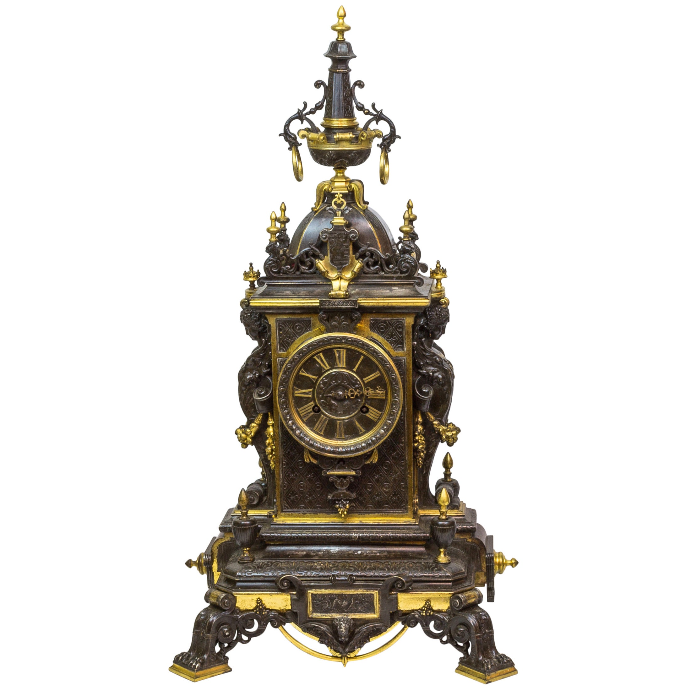 Gilt and Patinated Bronze Figural Renaissance Style Mantel Clock