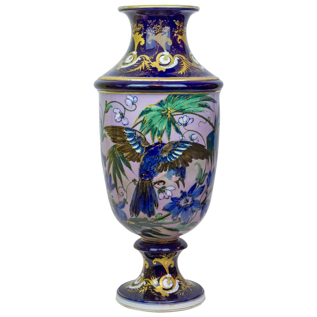 Grand vase esthétique en porcelaine avec décorations florales et d'oiseaux