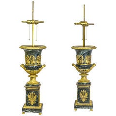 Important Pair of Neoclassical Empire Style Marble and Bronze Table Lamps 7