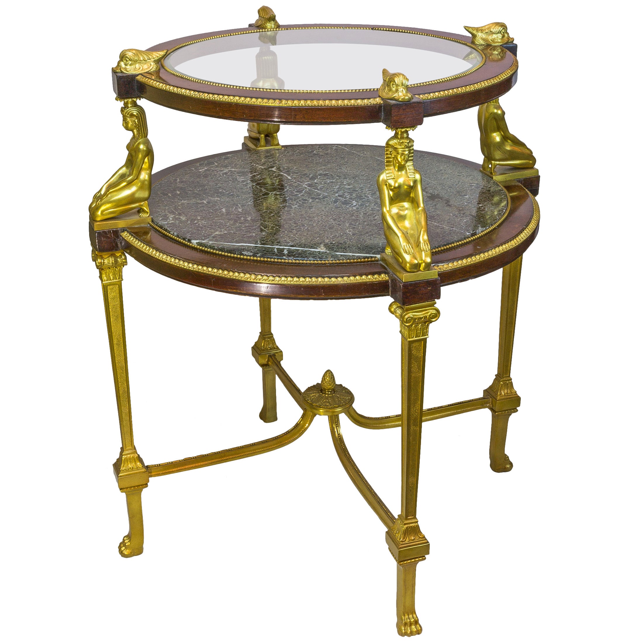 Egyptian Revival Gilt Bronze Figural Two-Tier Marble and Glass Table