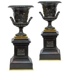 Neoclassical Pair of Empire Style Patinated and Gilt Bronze Campana Vases