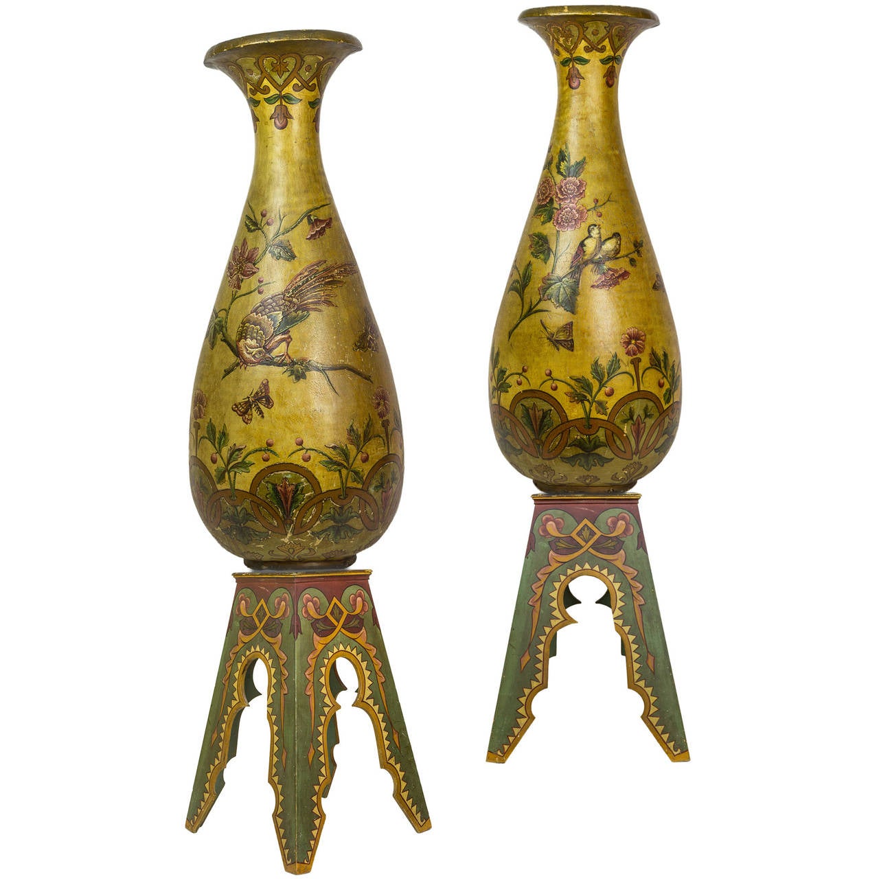Large Pair of Pottery Porcelain Vases on Pedestals with Bird and Floral Work For Sale at 1stDibs