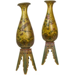 Large Pair of Pottery Porcelain Vases on Pedestals with Bird and Floral Work
