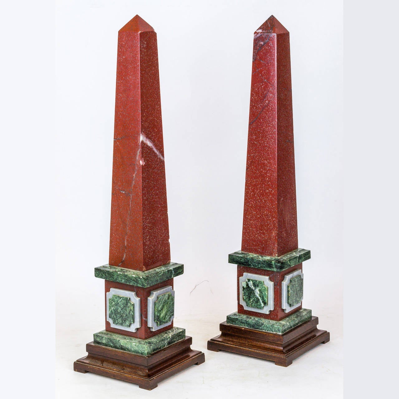 Pair of Neoclassical Multicolor Marble Obelisks
