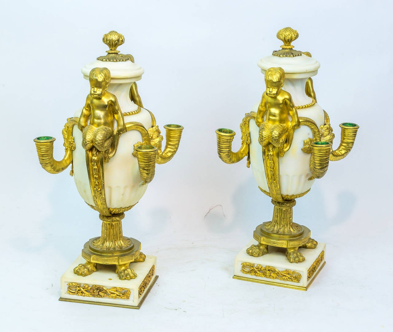 French Pair of Louis XV Style Gilt Bronze and Marble Figural Urns