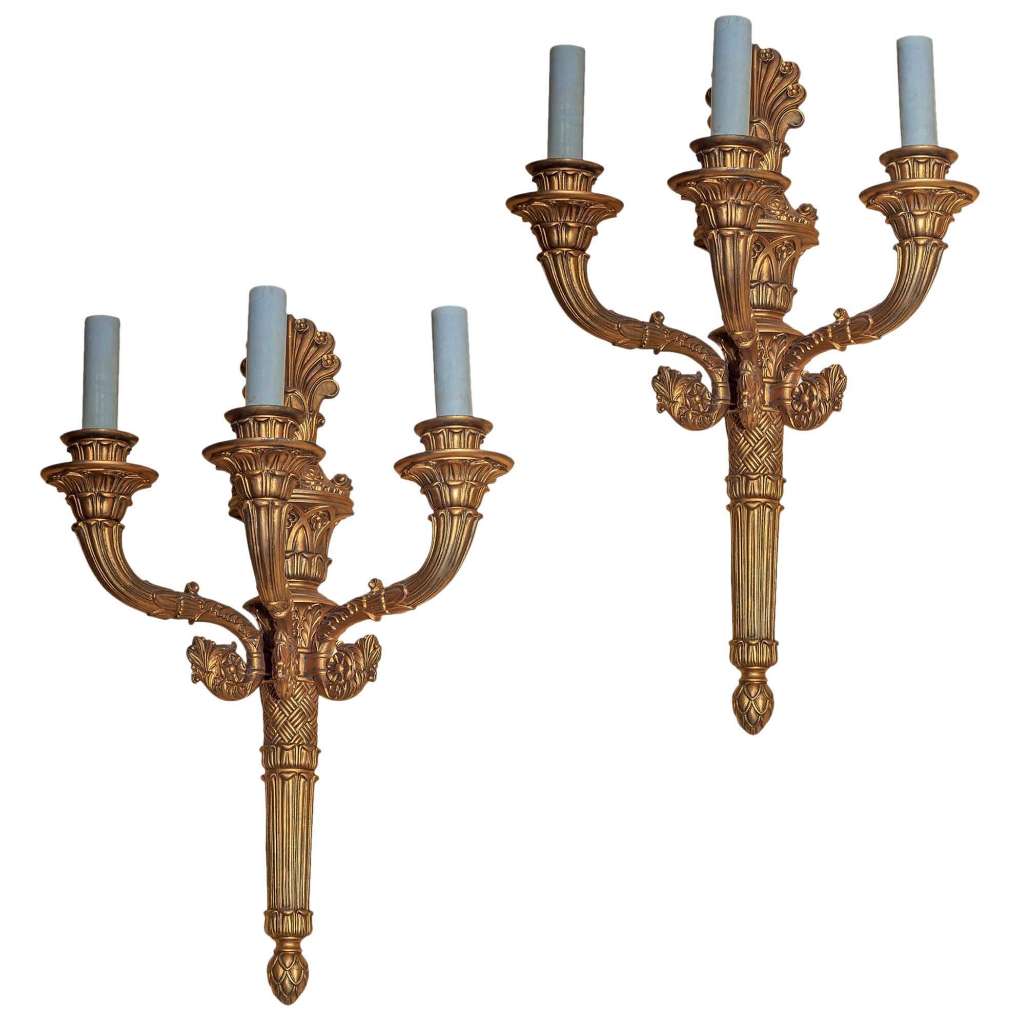 Pair of Louis XVI Style Gilt Bronze Three-Light Wall Light Sconces