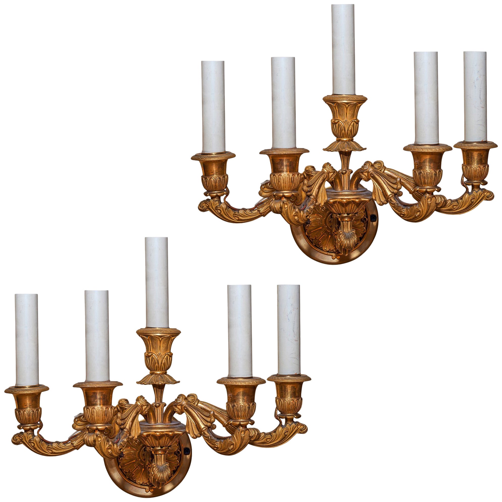 Pair of Empire Style Five-Arm Gilt Bronze Wall Light Sconces For Sale