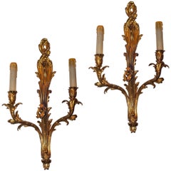 Pair of Louis XV Style Gilt Bronze Two-Arm Wall Light Sconces