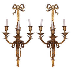 Fantastic Pair of Gilt Bronze Louis XVI Style Three-Arm Wall Light Sconces