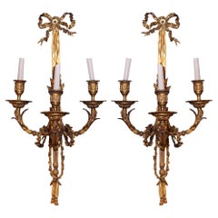 Fantastic Pair of Gilt Bronze Louis XVI Style Three-Arm Wall Light Sconces