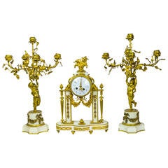 Three-Piece Louis XVI Style Gilt Bronze and Marble Clock Set