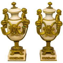 Pair of Louis XV Style Gilt Bronze and Marble Figural Urns