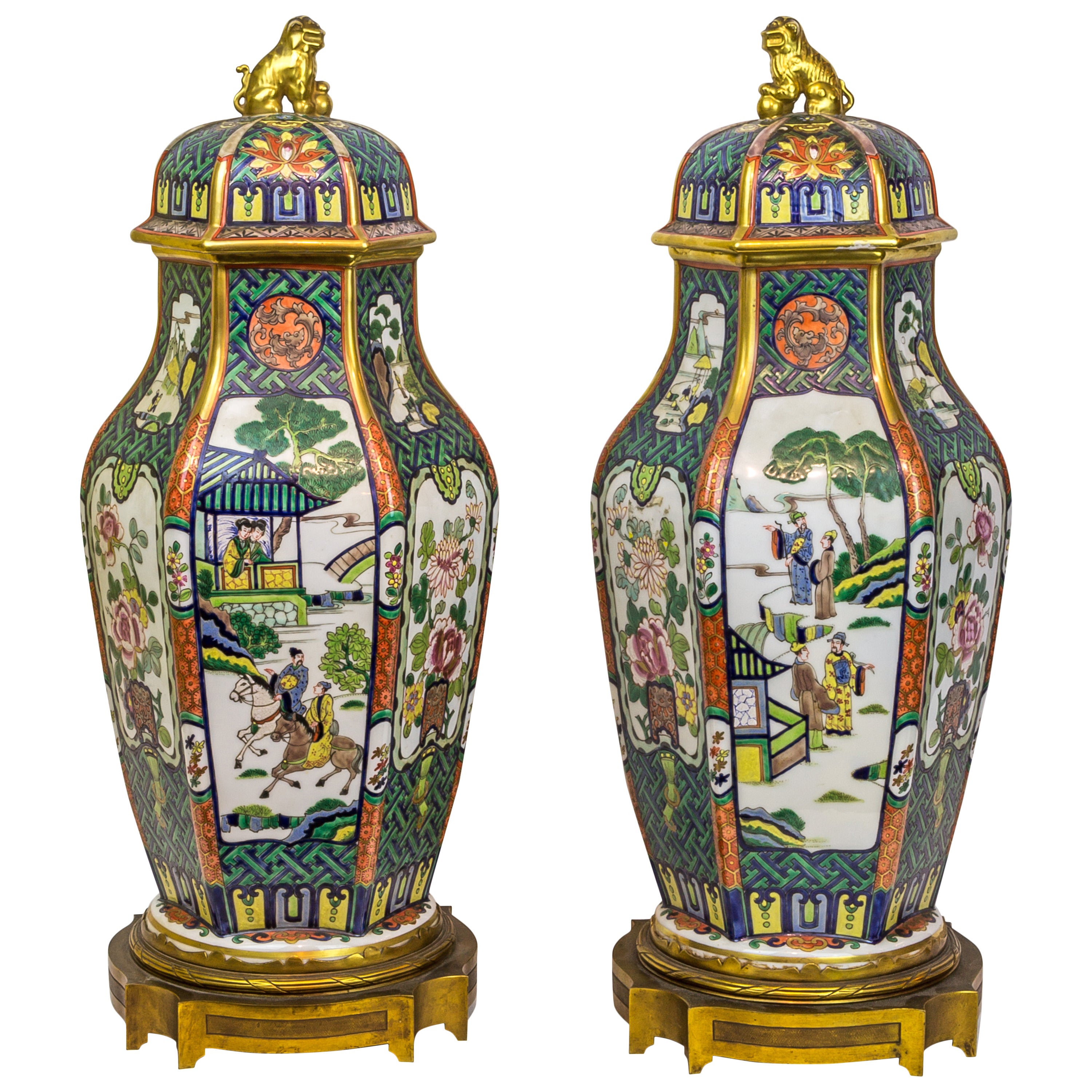 Hexagonal Pair of Porcelain and Bronze Chinoiserie Covered Urns