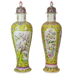 Two Similar Tall Oriental Chinese Porcelain Covered Urns