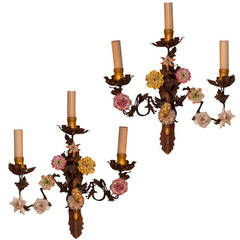 Pair of Gilt Metal and Porcelain Three-Arm Wall Light Sconces 6