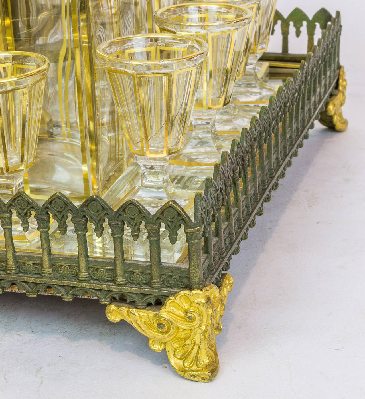 20th Century French Baccarat Style Crystal and Gilt Bronze Tantalus Mirrored Stand