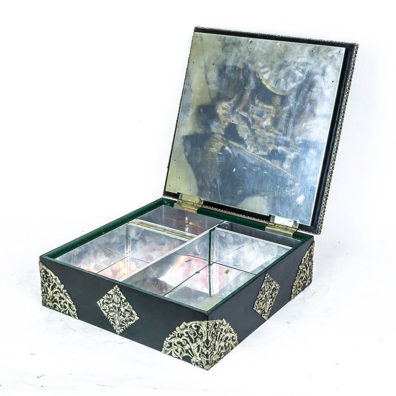 Silvered Metal and Velvet Humidor Box Attributed to Caldwell & Co. 1