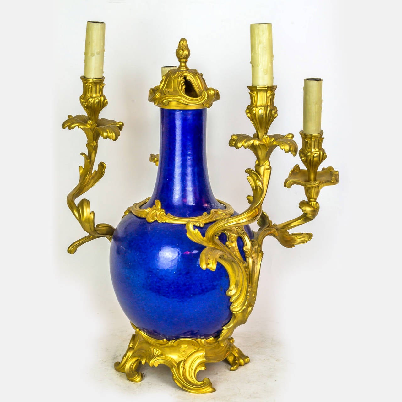 Fine Blue Porcelain and Bronze Louis XV Style Four-Light Candelabra Centerpiece 1