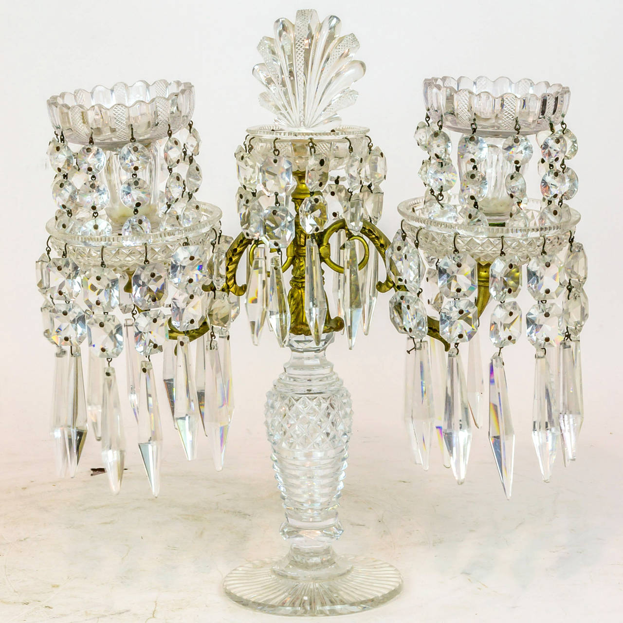Fine Pair of Regency Style Two-Arm Crystal and Bronze Candelabra