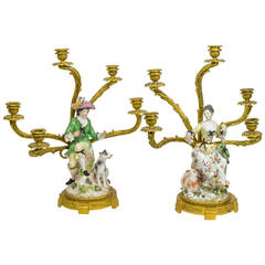 Pair of Porcelain and Bronze Figural Five-Arm Candelabras