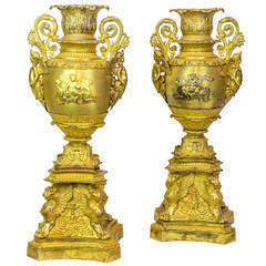 Pair of Gilt Bronze Empire Style Neoclassical Vases