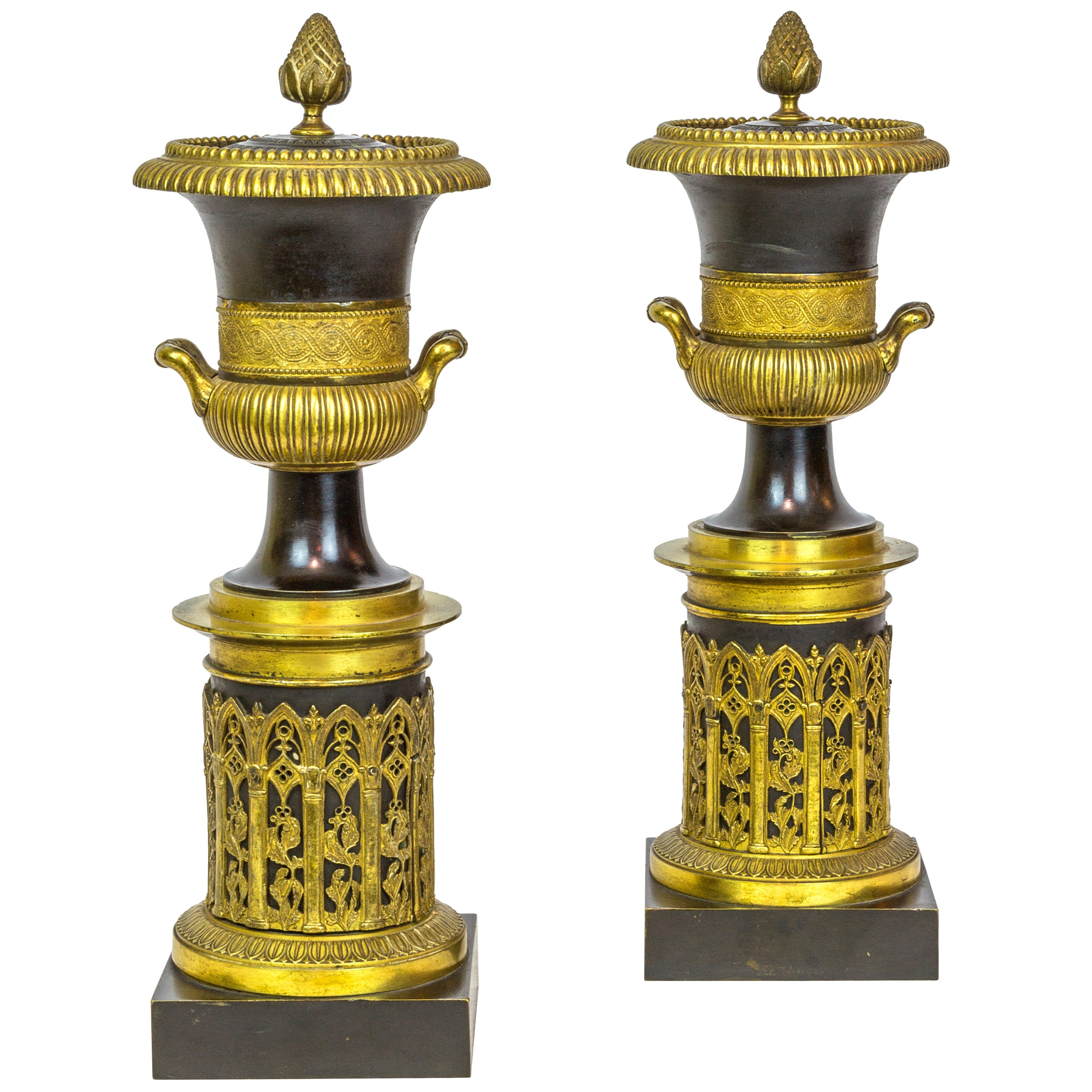 Pair of Empire Style Patinated and Gilt Bronze Covered Urns