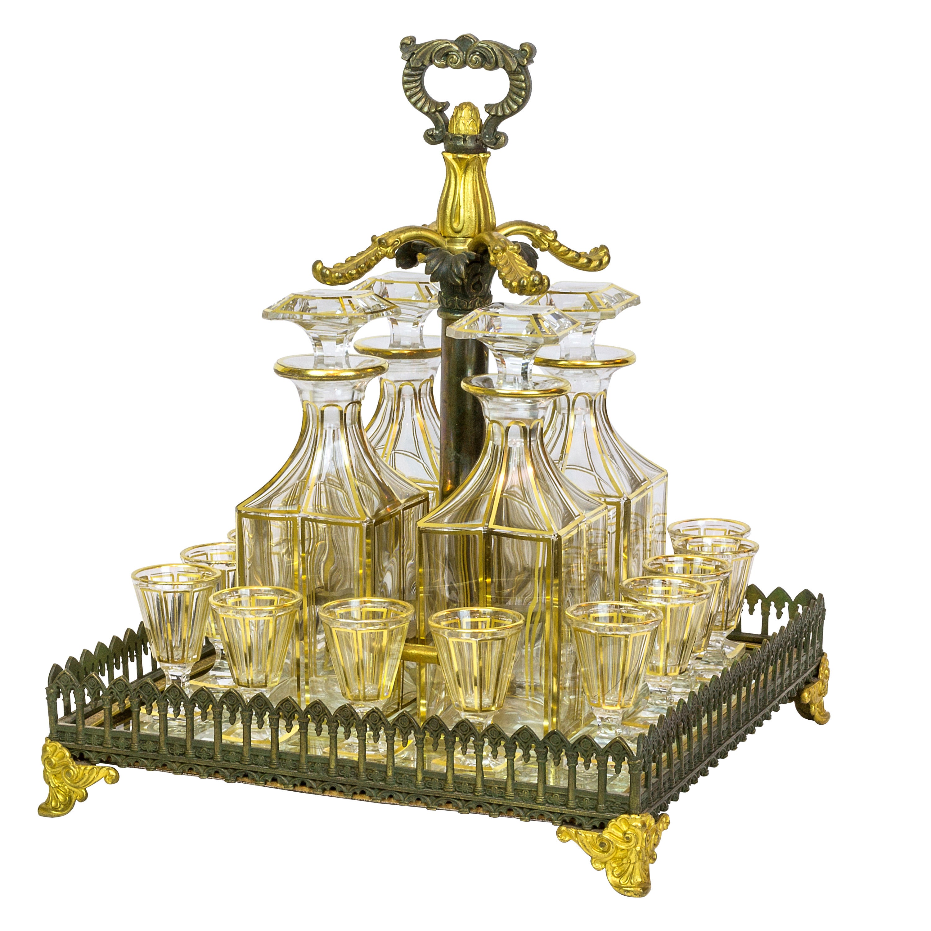 French Baccarat Style Crystal and Gilt Bronze Tantalus Mirrored Stand